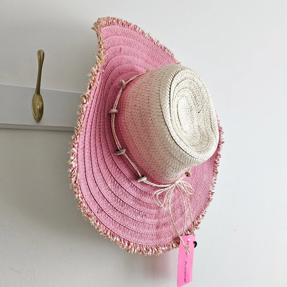 Betsey Johnson Pink Ombre Floppy Paper Hat Shell Detail Beach Boho NWT